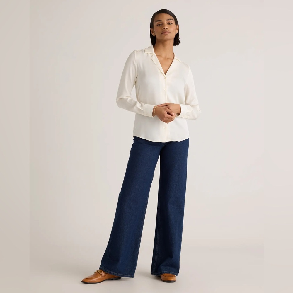 Quince Washable Stretch Silk Notch Collar Blouse Ivory Cream White